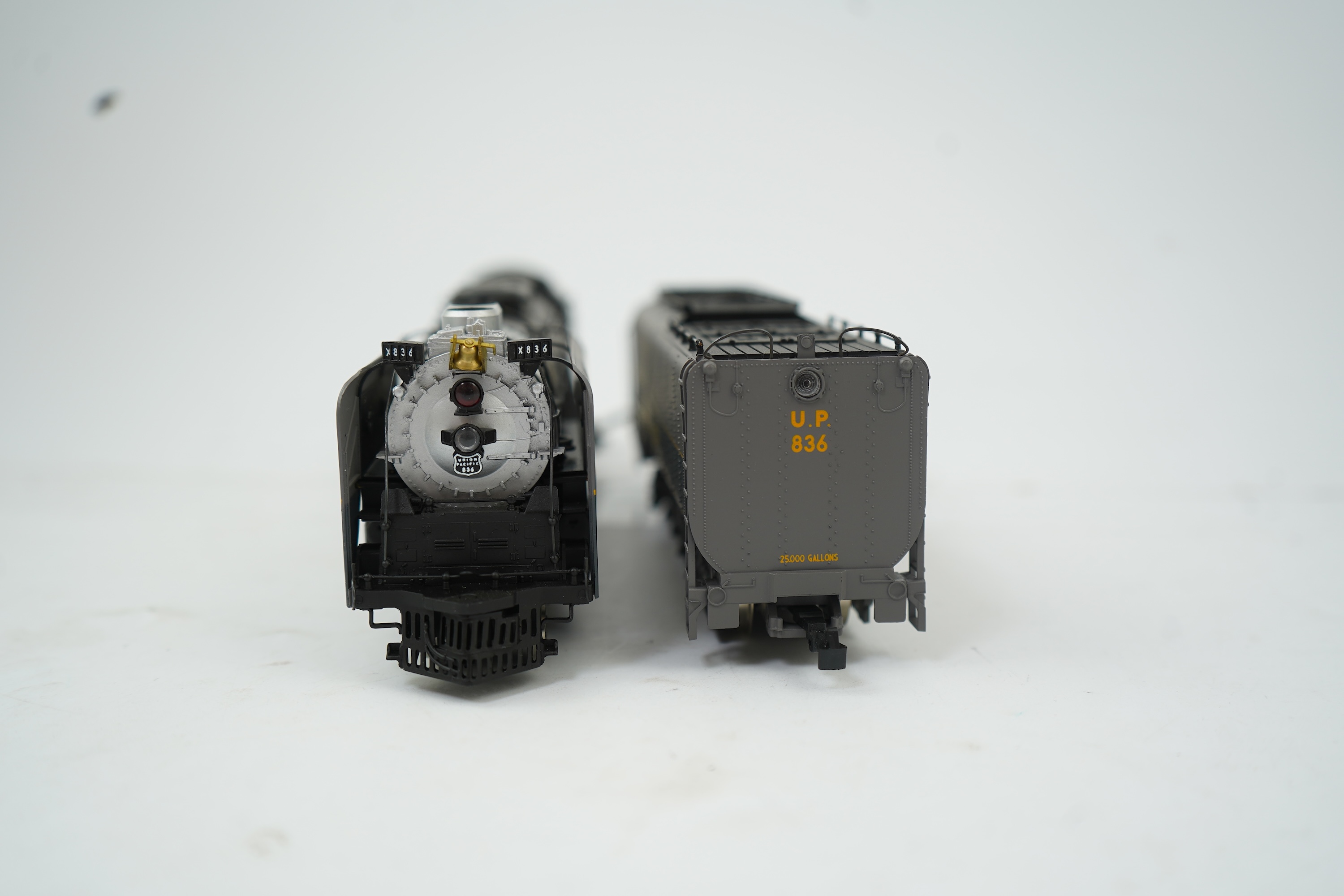 Two HO gauge Rovarossi Union Pacific locomotives; 3975, 4-6-6-4 tender locomotive, together with 836, 4-8-4 tender locomotive, both powered for two rail operation.